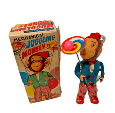Vintage Mechanical Juggling Monkey Wind Up Toy w Box Japan Tin Litho c1950s