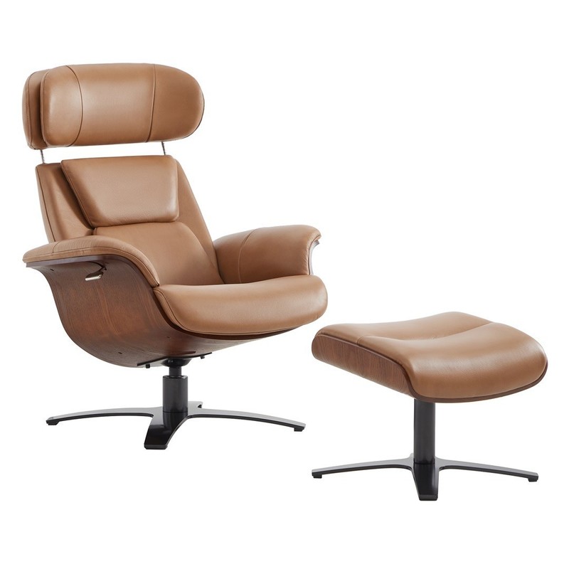 CHITA Genuine Leather Reclining SwivelChair with Adjustable Headrest and Ottoman