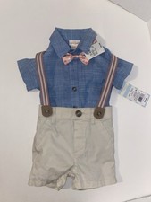 Cat and Jack 3-6 Months Chambray Style Outfit With suspenders and bow tie