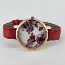 Flowers Dial Women's Watch 38MM Red Faux Leather Band Up to 6" NEW Battery