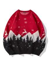 Unisex Christmas Mountain Sweater Reindeer Forest Winter Knit Jumper S-5XL
