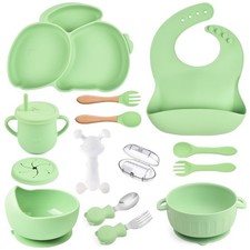 15 PCS Silicone Baby Feeding Set Spoons Suction Bowl Plate Cup Bib Green