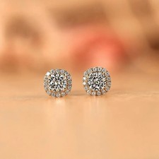 18k Halo Setting Yellow Gold Diamond Stud E-F Cushion 1.40 Ct Lab Grown Earrings