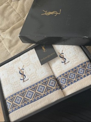 Yves Saint Laurent Handtuchset 2-teilig Beige/Blau bestickt YSL-Logo 50x100