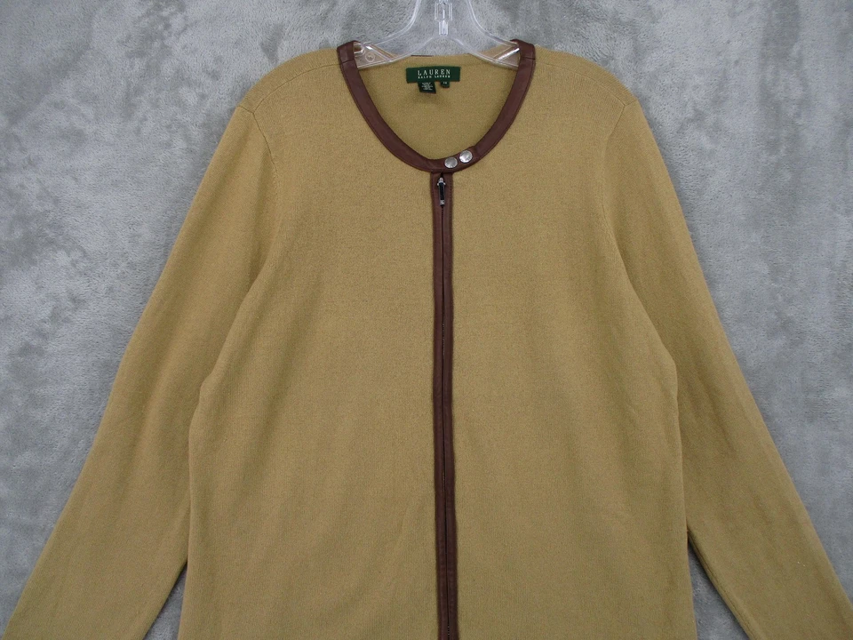 Ralph Lauren LRL Suéter Mujer 2XL Cuero Borde Seda Cachemira Cárdigan Preppy Foto 3 de 4