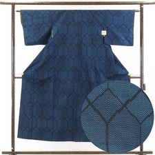 Recycled Silk Tsumugi Kimono Navy Kasuri Lined Women's S