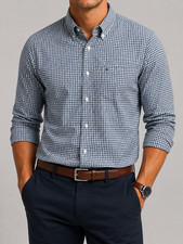 Tommy Hilfiger Men Blue Gingham Dress Shirt Size L Regular BNWT