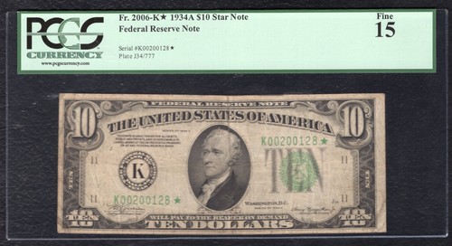 FR. 2006-K* 1934-A $10 *STAR* FRN FEDERAL RESERVE NOTE DALLAS, TX PCGS FINE-15 - Picture 1 of 2