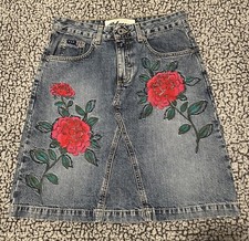 Express Bleus RARE Vintage Y2K Floral Embroidered Denim Skirt, Size 3/4