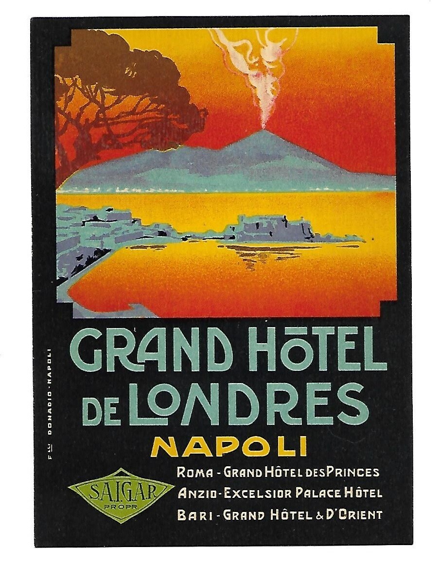 Authentic Vintage Luggage Label ~ GRAND HOTEL DE LONDRES ~ Napoli, Italy ~ Large