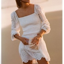 Loveshackfancy Jayce White Smocked Lace Mini Ruffle Dress Size L NWT