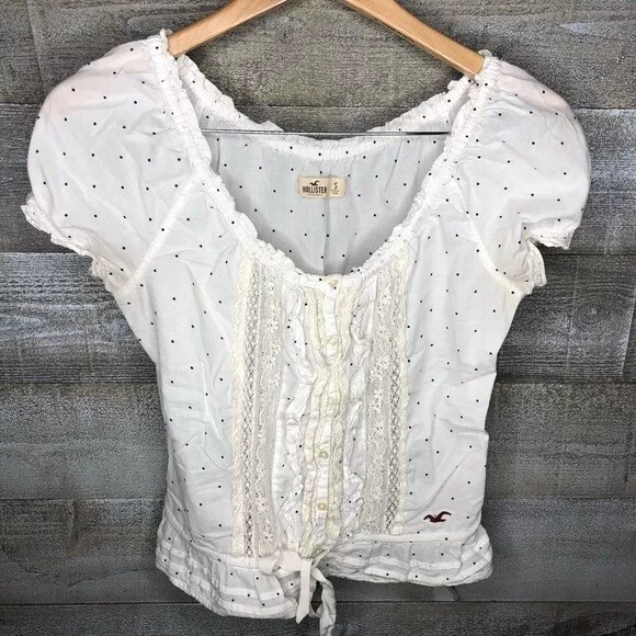 Hollister small white polka dot ruffle puff sleeve lace top