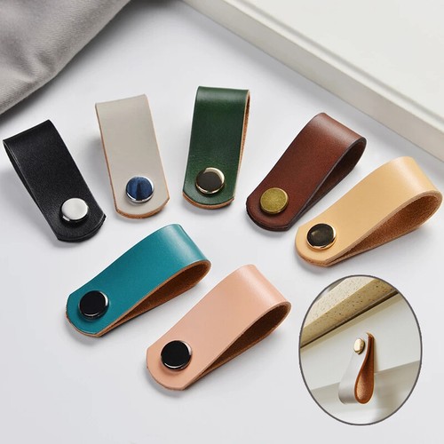 Cowhide Leather Cabinet Drawer Pull Wardrobe Knob Furniture Door Hardware Handle - Picture 6 of 46