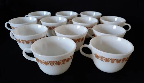 Set 12 Vintage Pyrex Corelle Butterfly Gold Flat Tea Cups Coffee Mugs FREE SHIP