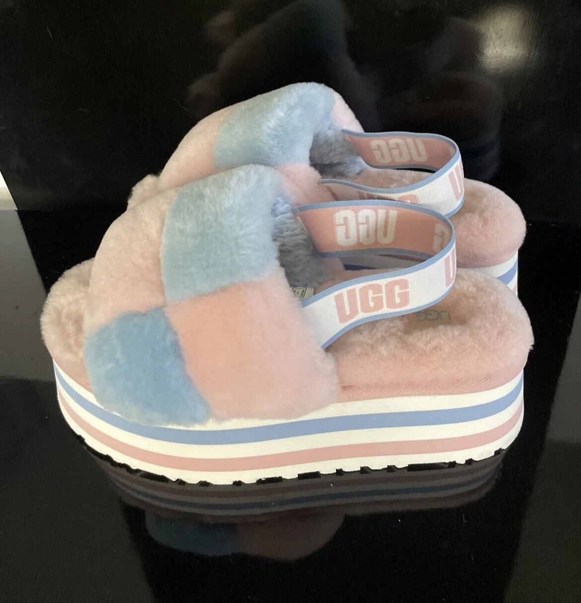 UGG DISCOTECA PASTELLO RIGHE SCACCHI FLUFF SLIDE SANDALI US 8