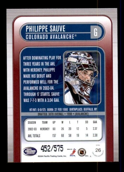 2003-04 Pacific Calder Silver #26 Philippe Sauve 452/575 - Image 2 of 2