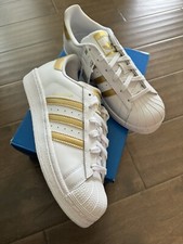 NIB Adidas Originals Superstar J Big Kids Casual Shoes White-Gold b39402 Sz 6