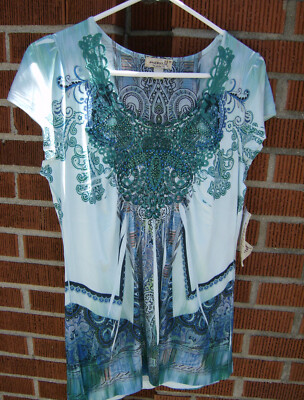 New - One World Live and Let Live, Bright Blue/Green Ladies Top Sz M #4270N-3917
