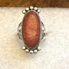 Natural Coral Elongated Oblong Solitaire Ring size 7 in 925 Sterling Silver