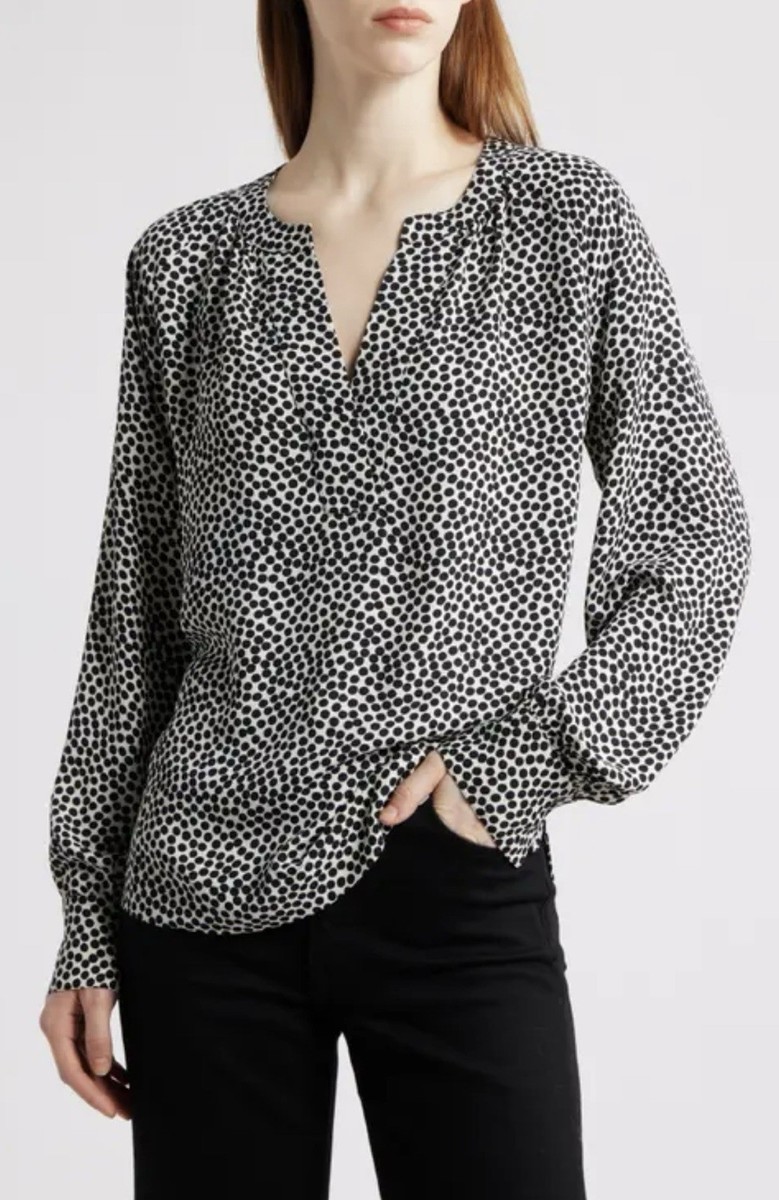 NIC+ZOE Polka Dt Split Nk L/S Blouse WM N Blk & Wht Sustainable Office