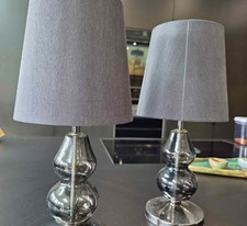 Set of 2 Grey & Silver Table Lamps, Chrome Glass Base, Fabric Empire Shade