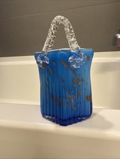 Vintage Art Glass Blue  Gold Dotted Purse Figurine / Vase