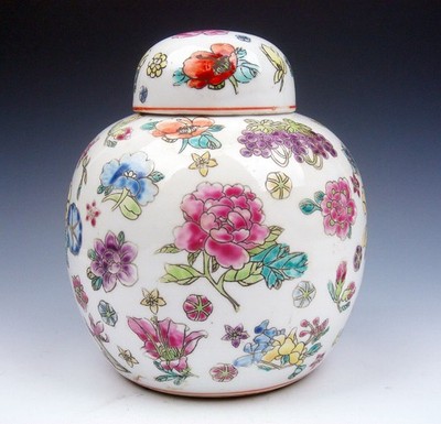 Vintage Porcelain Flower Blossoms & Grapes LARGE Round Tea Caddie Jar #06112602
