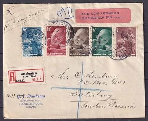 w2801/ Netherlands Registered FDC Cover t/Salisbury South Rhodesia 1947