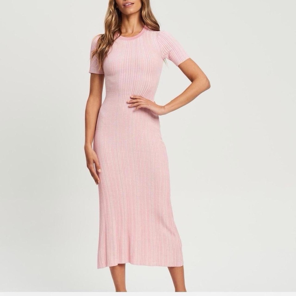Light Pin Knit Ribbed Short Sleeve Midi Dress Size 8 Savel