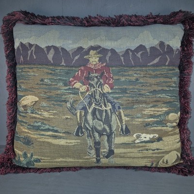 VTG WESTERN THEME COWBOY ON HORSE TAPESTRY THROW PILLOW 17''x15''