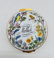 Crummles & Co Small Enamel Trinket Box "Mother" Gift Box Flowers & Birds