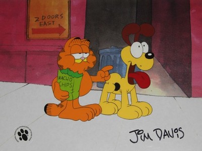 Jim Davis Signed Autographed Garfield Odie Production Animation Cels Background