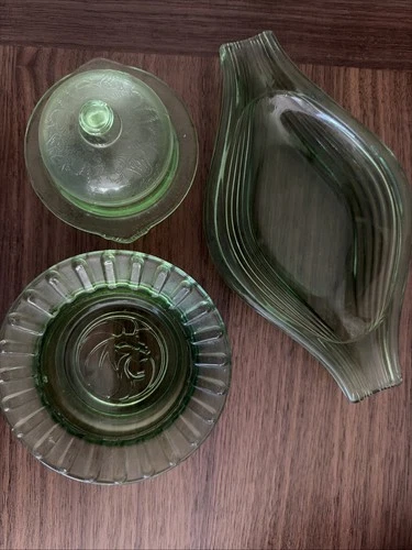Assorted Vintage Green Depression Glass (3) Pieces Nice !