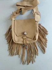 Deer Tanned Leather Possibles Shoulder Bag With 4 Pockets, Fringe, Antler Button