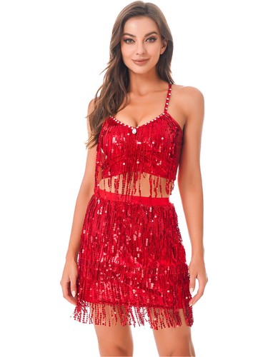 Womens Latin Belly Dance Costume Sleeveless Tassel Fringed Cami Crop Top Skirts - Picture 12 of 54