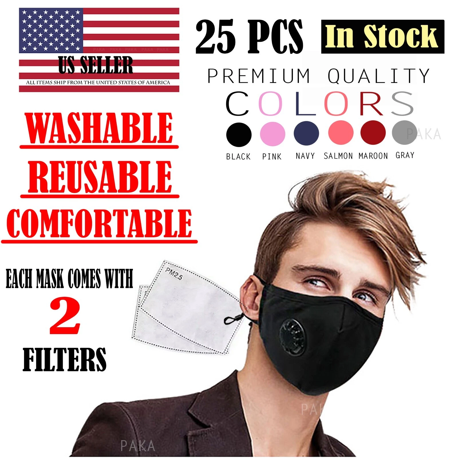 25 PCS Face Mask PM2.5 WITH50 FILTER Washable Fashion Reusable Breathable Unisex