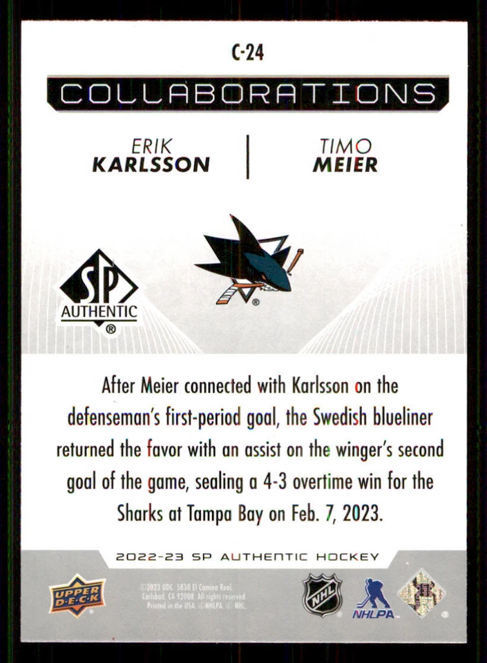 2022-23 SP Authentic Collaborations #C24 Erik Karlsson/Timo Meier - Image 2 of 2