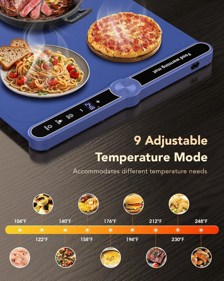 Alfombra de calentamiento de alimentos: bandeja de calentamiento eléctrica de temperatura ajustable mejorada de 9 niveles Foto 3 de 4