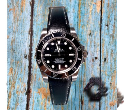 20mm BLACK Italian Cowhide leather curved (fitted) Band Strap Rolex SUBMARINER