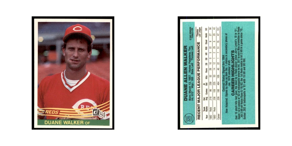 Duane Walker 1984 Donruss #325 Cincinnati Reds Baseball Card NM - Image 3 of 3