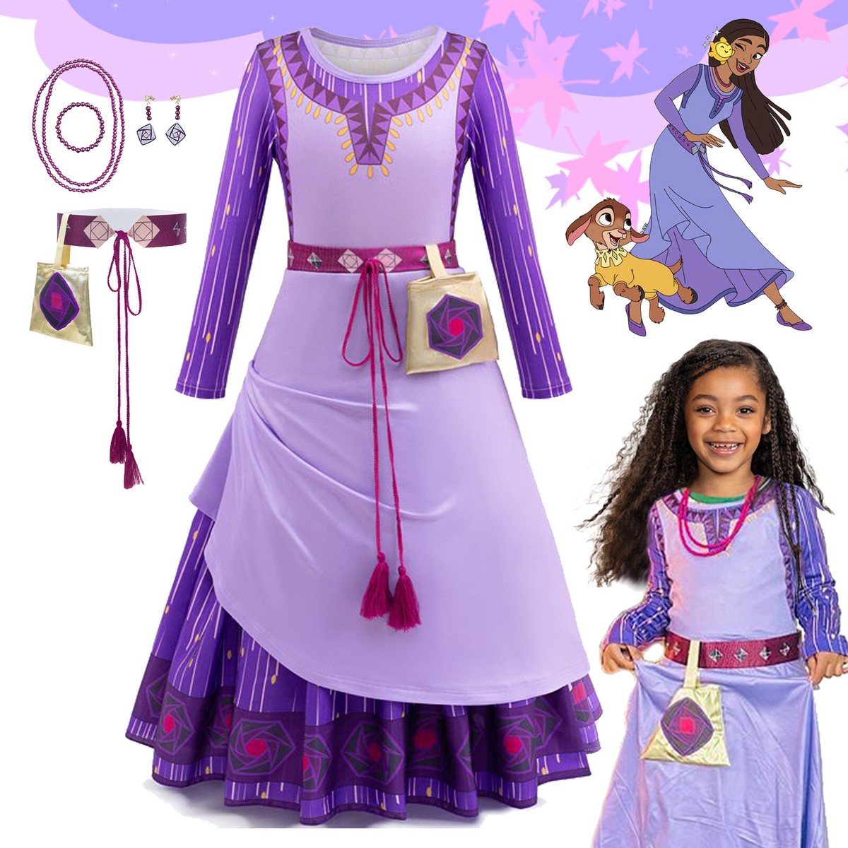 Abito Da Principessa Asha Wish Viola Per Bambine - Costume Cosplay Con Accessori, 3-4 Anni