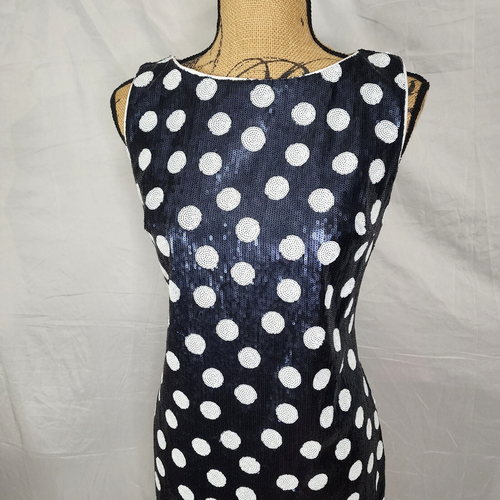 MAIA Size 6 Full Sequin White Polka Dot Navy Sheath Cocktail Party Holiday Dress - Picture 7 of 13