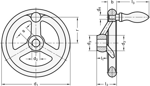 DIN Aluminium-Handrad, 500mm Ø, 40mm Bohrung mit Nut, mit drehbarem Griff - Bild 2 von 2