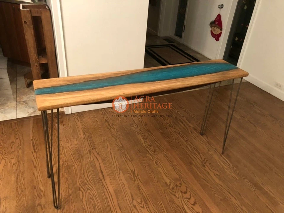 Blue Epoxy Resin Dining Table, Side Epoxy Wooden Table, Handmade Furniture Decor - Image 4 of 4