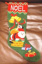 Vtg Needlepoint "Noel" Santa Coming Down The Chimney Stockings Canvas 17x10"