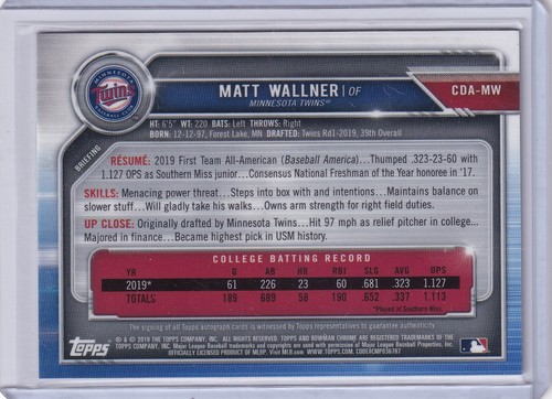 Tarjeta automática Matt Wallner 2019 Bowman Chrome Draft Prospect radiocontrol - Imagen 2 de 2