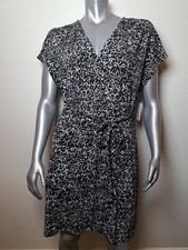 Nine West Women's Black White Design Short Sleeve Faux Wrap Dress Size XL