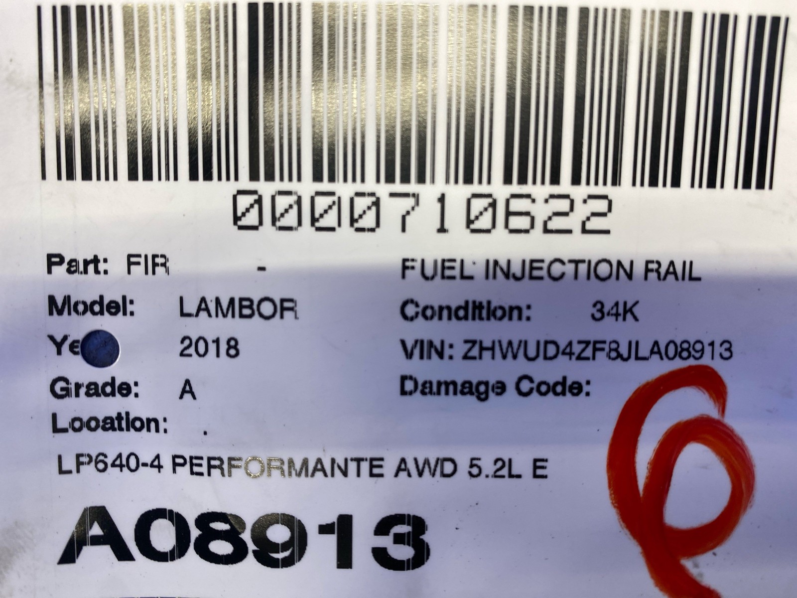 LAMBORGHINI HURACAN LP640-4 PERFORMANTE AWD 5.2L ENGINE MOTOR INJECTOR OEM