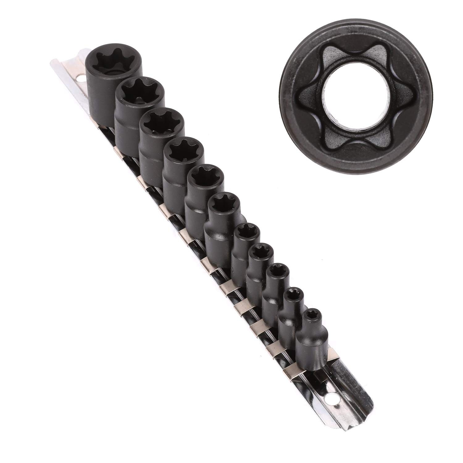 CASOMAN 11 PC Female E-TORX Star Socket Set with Rail, Female External Star GT5e