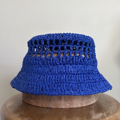 Blue Crochet Bucket Hat Sun Hat Raffia Open Weave Summer Vacation